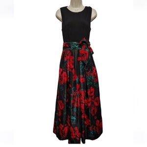 Leslie Fay Black Maxi Dress with Red and Green Floral Skirt